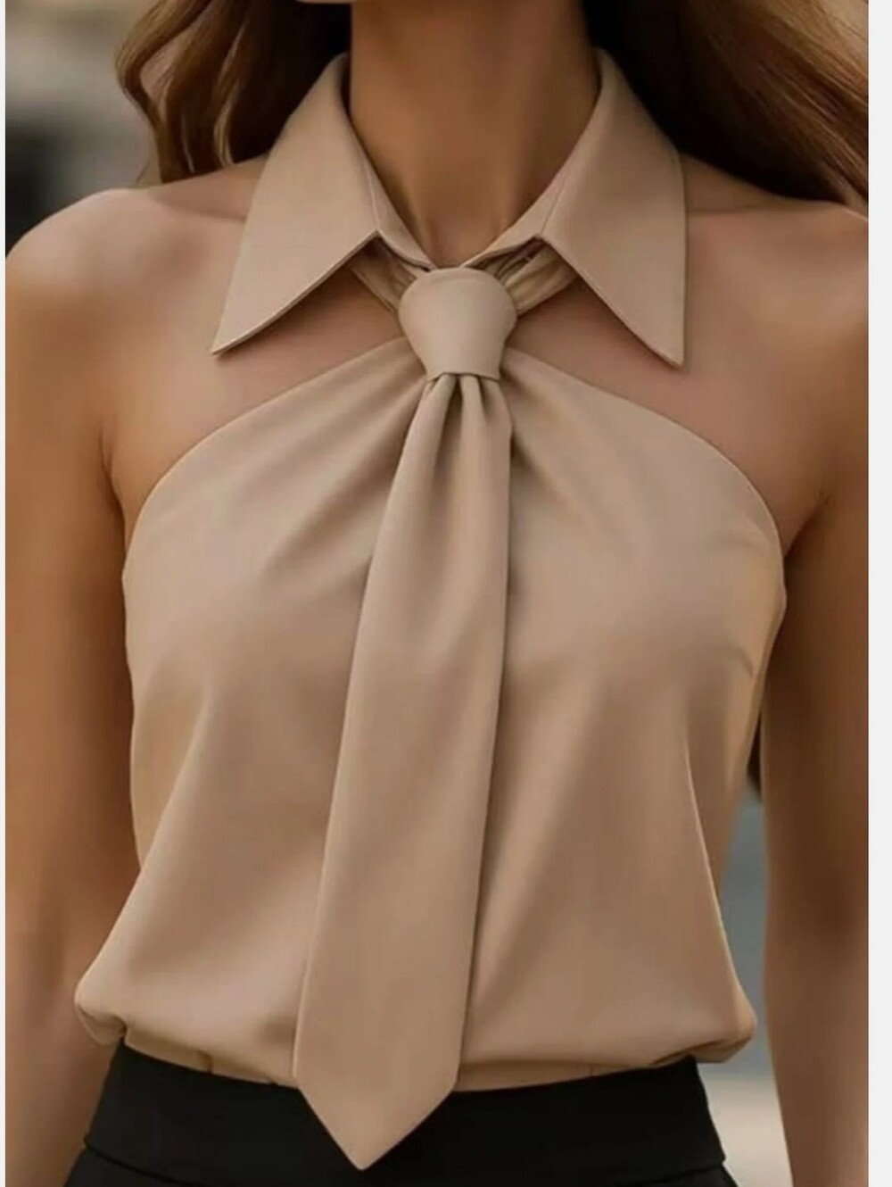 Sleeveless Tie-Neck Halter Top in Beige